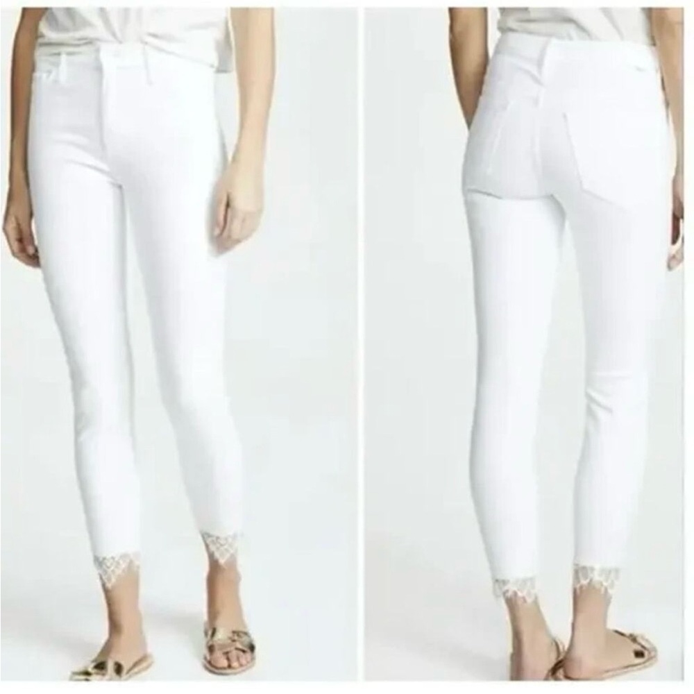NWT- MOTHER White High Waisted Looker Dagger Ankle Fray with Lace Detail